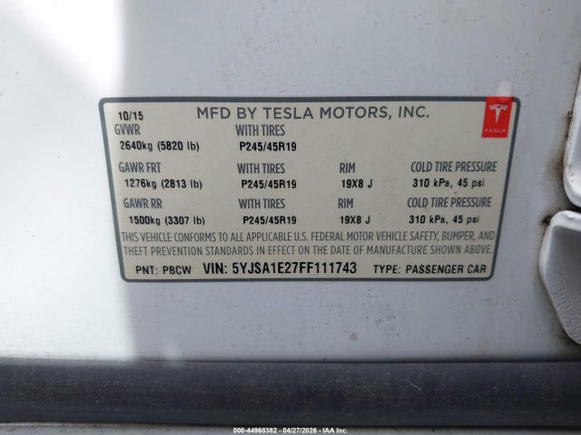 2015 Tesla Model S 70d/85d/p85d მანქანა იყიდება აუქციონზე, vin: 5YJSA1E27FF111743, აუქციონის ნომერი: 44968382