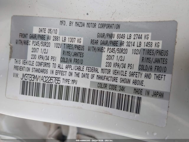 44968385 :رقم المزاد ، JM3TB3MV1A0226765 vin ، 2010 Mazda Cx-9 Grand Touring مزاد بيع
