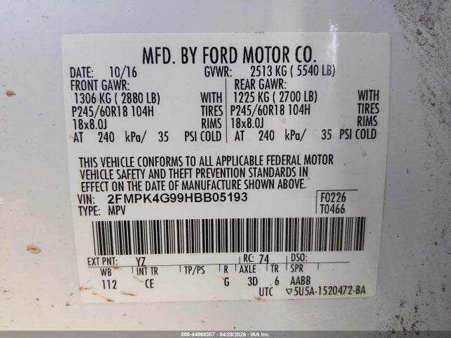Ford EDGE SE 2017 2FMPK4G99HBB05193 Image 9