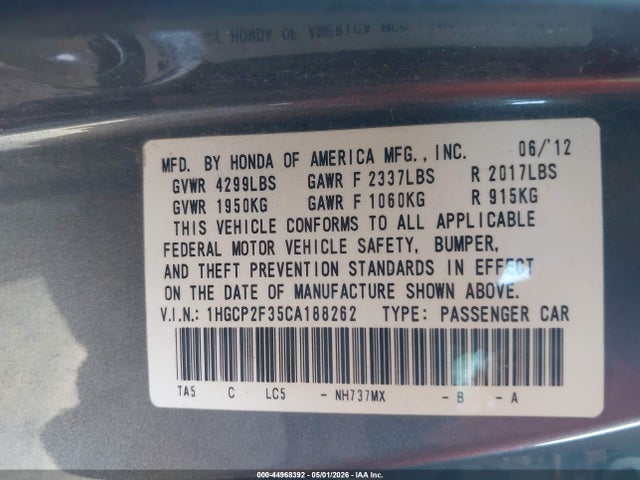 Aukcja sprzedaży 2012 Honda Accord 2.4 Lx, vin: 1HGCP2F35CA188262, numer aukcji: 44968392