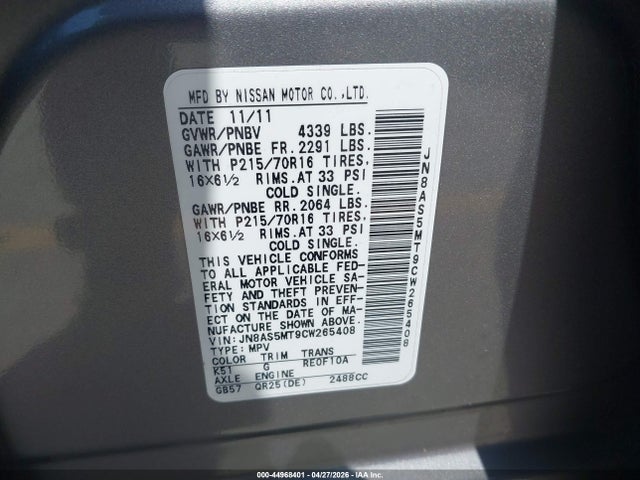 Aukcja sprzedaży 2012 Nissan Rogue S, vin: JN8AS5MT9CW265408, numer aukcji: 44968401
