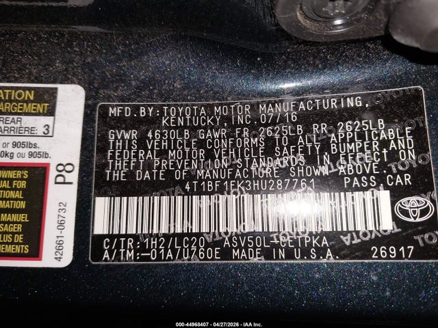 4T1BF1FK3HU287761 Toyota CAMRY XSE
