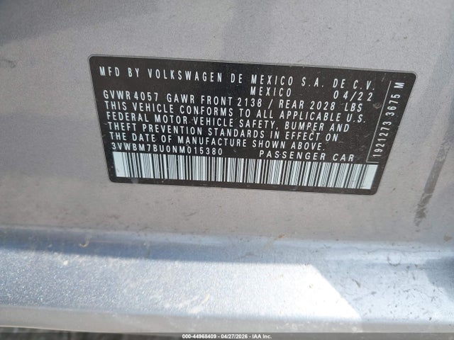 Продажа на аукционе авто 2022 Volkswagen Jetta 1.5t Sport, vin: 3VWBM7BU0NM015380, номер лота: 44968409