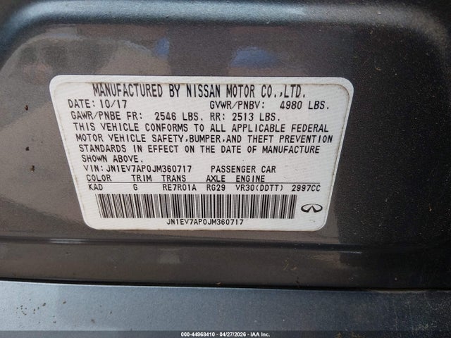44968410 :رقم المزاد ، JN1EV7AP0JM360717 vin ، 2018 Infiniti Q50 3.0t Sport مزاد بيع