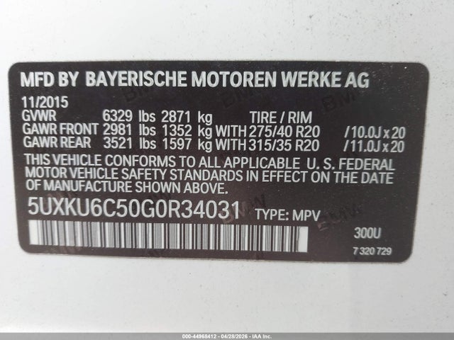 Продаж на аукціоні авто 2016 Bmw X6 Xdrive50i, vin: 5UXKU6C50G0R34031, номер лоту: 44968412