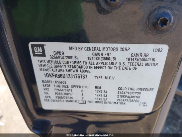 2003 Gmc Yukon Xl 1500 Denali მანქანა იყიდება აუქციონზე, vin: 1GKFK66U13J176737, აუქციონის ნომერი: 44968418