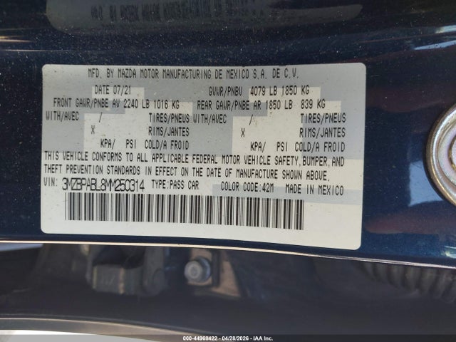 Продажа на аукционе авто 2021 Mazda Mazda3 Select, vin: 3MZBPABL8MM250314, номер лота: 44968422