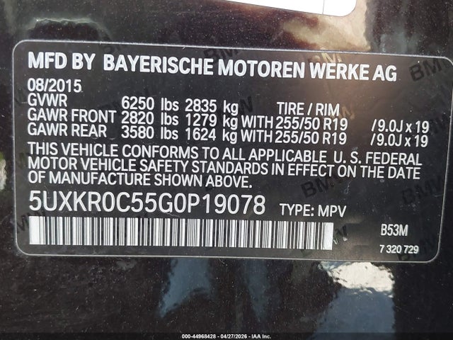 Продаж на аукціоні авто 2016 Bmw X5 Xdrive35i, vin: 5UXKR0C55G0P19078, номер лоту: 44968428