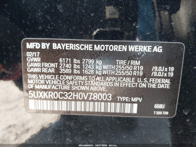 44968431 :رقم المزاد ، 5UXKR0C32H0V78003 vin ، 2017 Bmw X5 Xdrive35i مزاد بيع