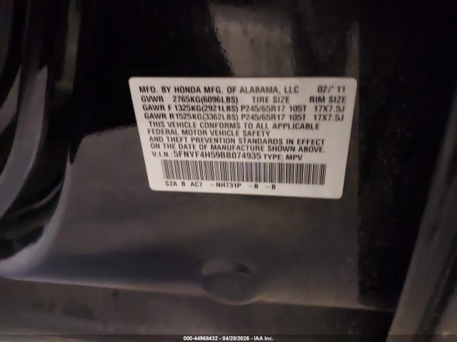 Aukcja sprzedaży 2011 Honda Pilot Ex-l, vin: 5FNYF4H59BB074935, numer aukcji: 44968432