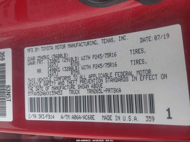 Aukcja sprzedaży 2019 Toyota Tacoma Sr, vin: 5TFAX5GN6KX159453, numer aukcji: 44968433