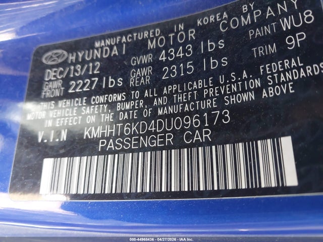 Aukcja sprzedaży 2013 Hyundai Genesis 2.0t, vin: KMHHT6KD4DU096173, numer aukcji: 44968436