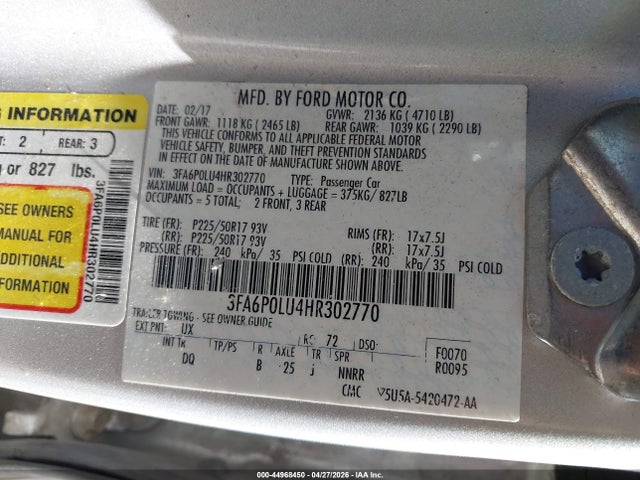 Продажа на аукционе авто 2017 Ford Fusion Hybrid Se, vin: 3FA6P0LU4HR302770, номер лота: 44968450