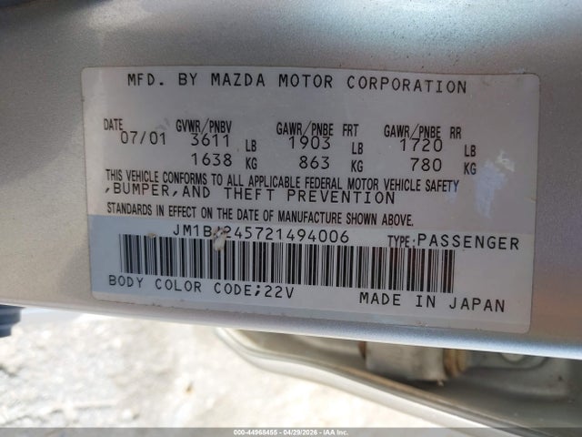 44968455 :رقم المزاد ، JM1BJ245721494006 vin ، 2002 Mazda Protege5 مزاد بيع