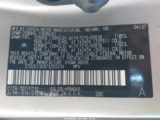 Продажа на аукционе авто 2007 Toyota Sienna Le, vin: 5TDZK23C67S055014, номер лота: 44968458