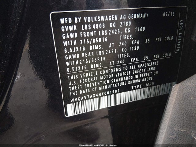 44968462 :رقم المزاد ، WVGAV7AX4HK001982 vin ، 2017 Volkswagen Tiguan 2.0t S مزاد بيع