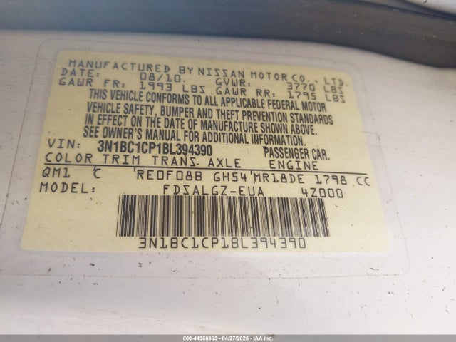 Aukcja sprzedaży 2011 Nissan Versa 1.8sl, vin: 3N1BC1CP1BL394390, numer aukcji: 44968463