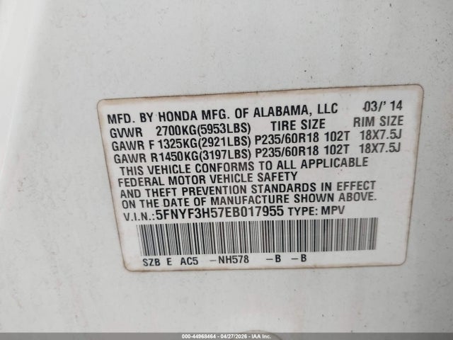 Продажа на аукционе авто 2014 Honda Pilot Ex-l, vin: 5FNYF3H57EB017955, номер лота: 44968464