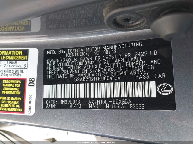 Aukcja sprzedaży 2019 Lexus Es 300h, vin: 58AB21B14KU004194, numer aukcji: 44968478