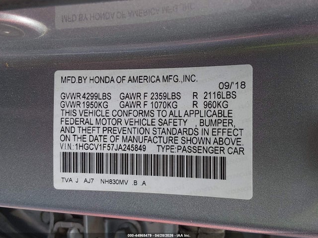 44968479 :رقم المزاد ، 1HGCV1F57JA245849 vin ، 2018 Honda Accord Ex-l مزاد بيع