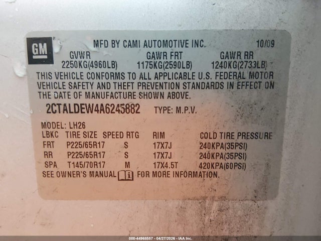 Aukcja sprzedaży 2010 Gmc Terrain Sle-2, vin: 2CTALDEW4A6245882, numer aukcji: 44968557