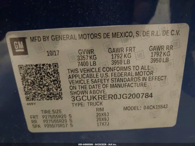 Продаж на аукціоні авто 2018 Chevrolet Silverado 1500 1lt, vin: 3GCUKRER0JG200784, номер лоту: 44968566