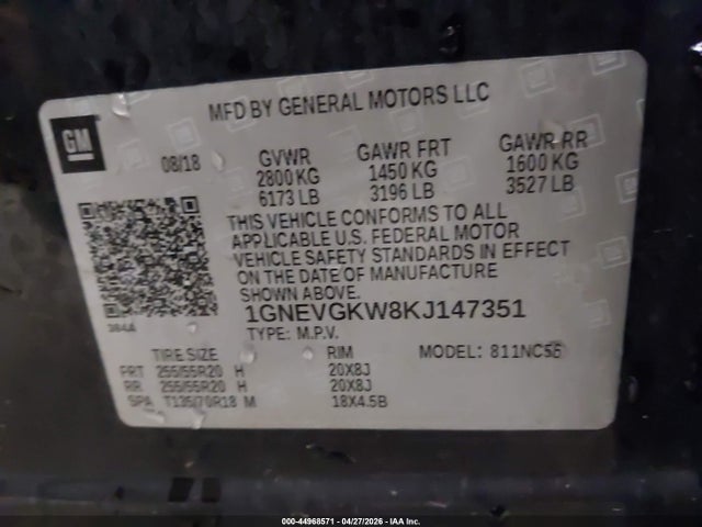 44968571 :رقم المزاد ، 1GNEVGKW8KJ147351 vin ، 2019 Chevrolet Traverse 1lt مزاد بيع