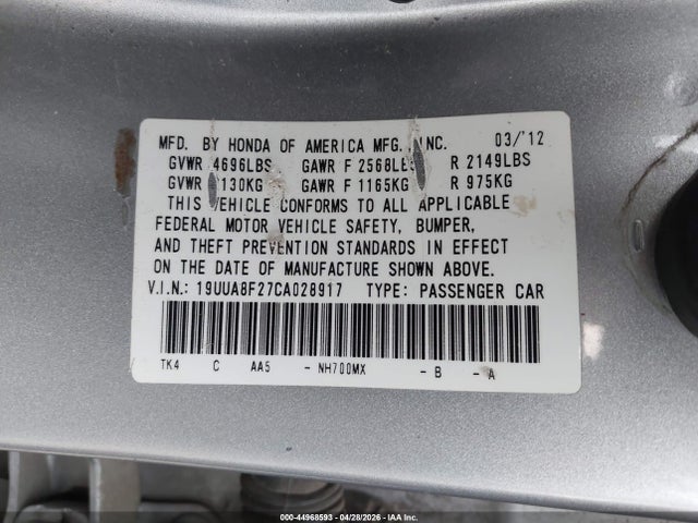 44968593 :رقم المزاد ، 19UUA8F27CA028917 vin ، 2012 Acura Tl 3.5 مزاد بيع