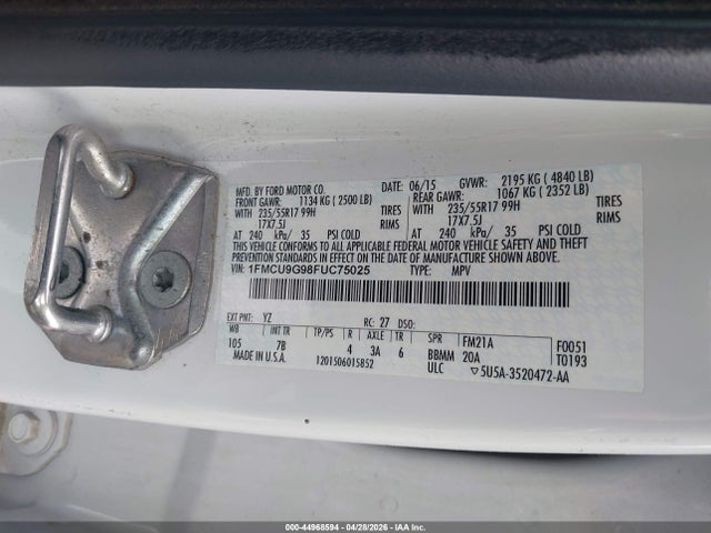 44968594 :رقم المزاد ، 1FMCU9G98FUC75025 vin ، 2015 Ford Escape Se مزاد بيع