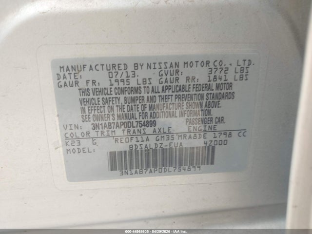 44968605 :رقم المزاد ، 3N1AB7AP0DL754899 vin ، 2013 Nissan Sentra Sv مزاد بيع
