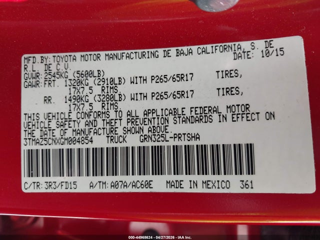 44968624 :رقم المزاد ، 3TMAZ5CNXGM004854 vin ، 2016 Toyota Tacoma Trd Sport مزاد بيع