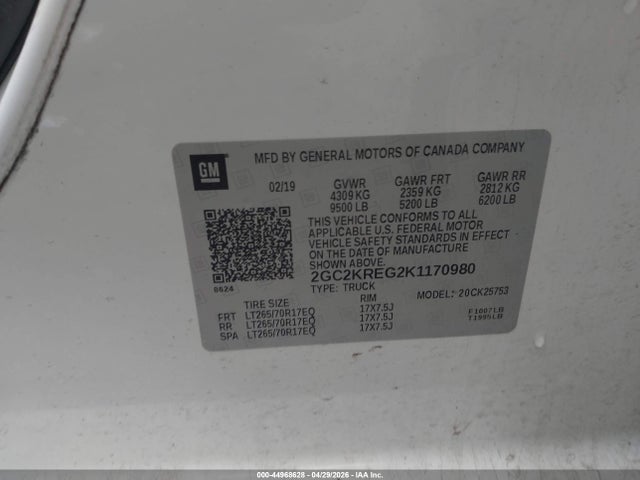 44968628 :رقم المزاد ، 2GC2KREG2K1170980 vin ، 2019 Chevrolet Silverado 2500hd Wt مزاد بيع
