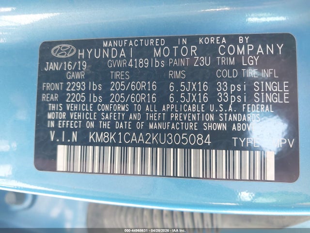 Продажа на аукционе авто 2019 Hyundai Kona Se, vin: KM8K1CAA2KU305084, номер лота: 44968631