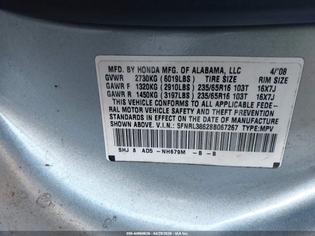 Продажа на аукционе авто 2008 Honda Odyssey Ex-l, vin: 5FNRL38628B067267, номер лота: 44968636