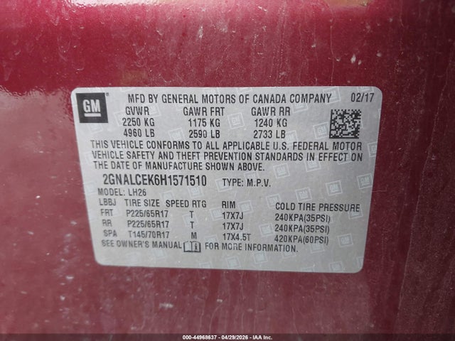 44968637 :رقم المزاد ، 2GNALCEK6H1571510 vin ، 2017 Chevrolet Equinox Lt مزاد بيع