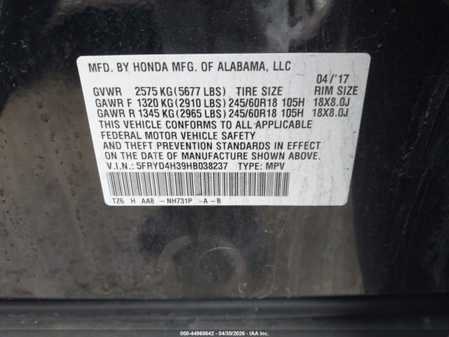 44968642 :رقم المزاد ، 5FRYD4H39HB038237 vin ، 2017 Acura Mdx مزاد بيع