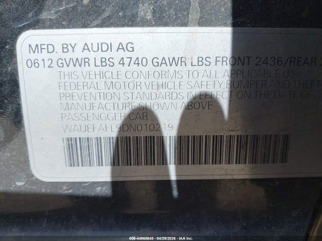 2013 Audi A4 2.0t Premium მანქანა იყიდება აუქციონზე, vin: WAUEFAFL9DN010219, აუქციონის ნომერი: 44968648