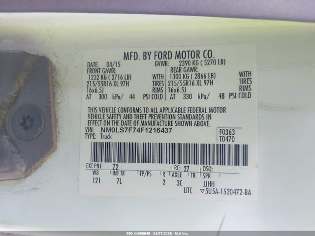 Aukcja sprzedaży 2015 Ford Transit Connect Xlt, vin: NM0LS7F74F1216437, numer aukcji: 44968649