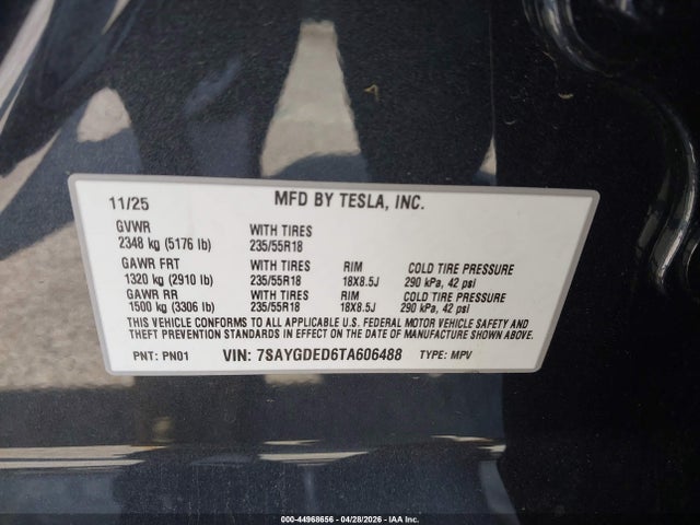 7SAYGDED6TA606488 Tesla Model Y Premium Rear-wheel Drive/standard Rear-wheel Drive