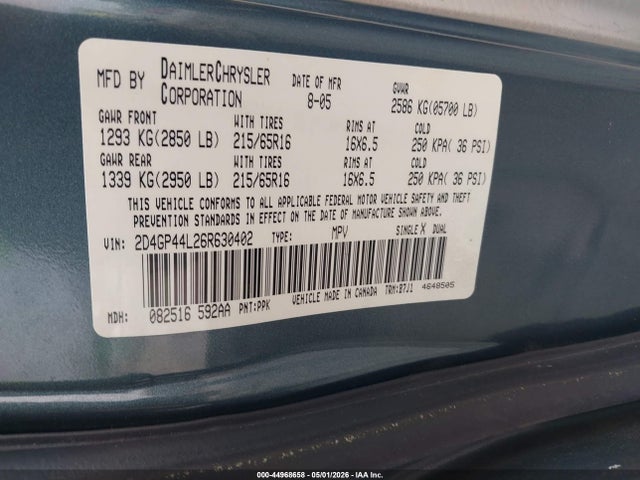 Продажа на аукционе авто 2006 Dodge Grand Caravan Sxt, vin: 2D4GP44L26R630402, номер лота: 44968658