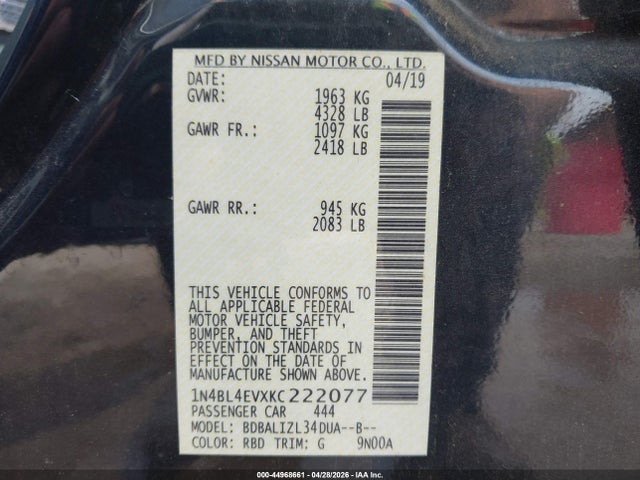 Nissan Altima 2.5 Sl 2019 1N4BL4EVXKC222077 Image 9