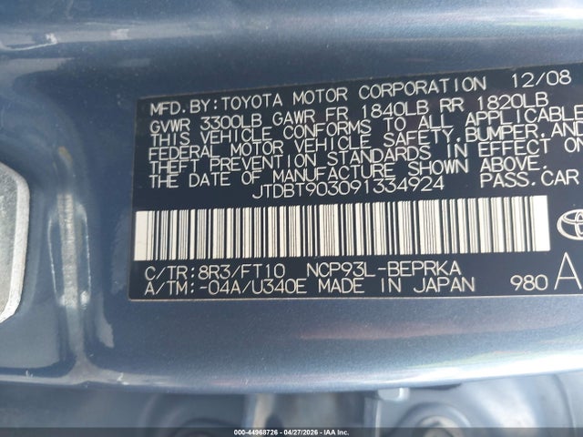 Aukcja sprzedaży 2009 Toyota Yaris S, vin: JTDBT903091334924, numer aukcji: 44968726