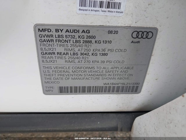 Aukcja sprzedaży 2020 Audi Sq5 Premium Plus Tfsi Quattro Tiptronic, vin: WA1B4AFY6L2113390, numer aukcji: 44968736