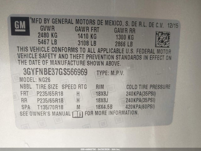 Aukcja sprzedaży 2016 Cadillac Srx Luxury Collection, vin: 3GYFNBE37GS566969, numer aukcji: 44968790