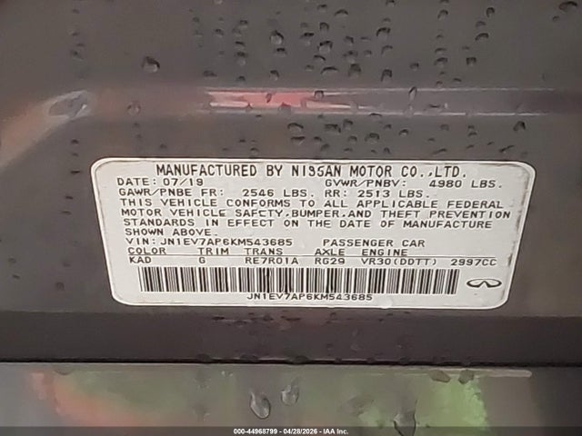 Продажа на аукционе авто 2019 Infiniti Q50 3.0t Luxe, vin: JN1EV7AP6KM543685, номер лота: 44968799