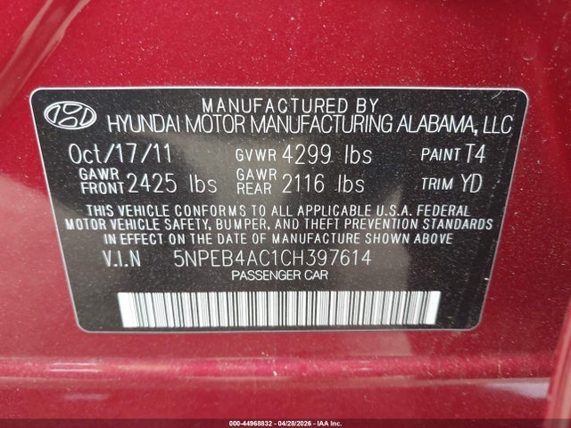 Aukcja sprzedaży 2012 Hyundai Sonata Gls, vin: 5NPEB4AC1CH397614, numer aukcji: 44968832