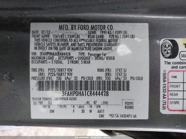 Продажа на аукционе авто 2012 Ford Fusion Se, vin: 3FAHP0HA1CR444428, номер лота: 44968864