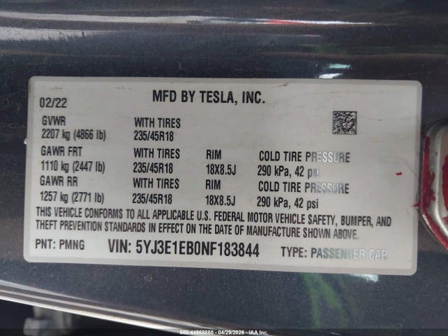Auction sale of the 2022 Tesla Model 3 Long Range Dual Motor All-wheel Drive, vin: 5YJ3E1EB0NF183844, lot number: 44968880