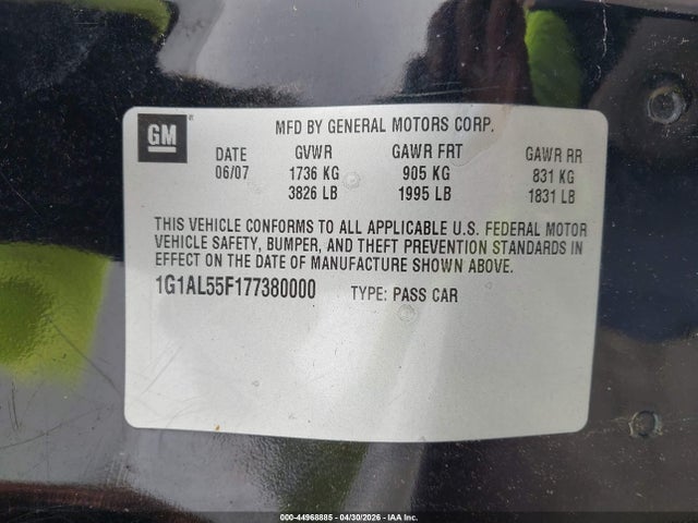 44968885 :رقم المزاد ، 1G1AL55F177380000 vin ، 2007 Chevrolet Cobalt Lt مزاد بيع