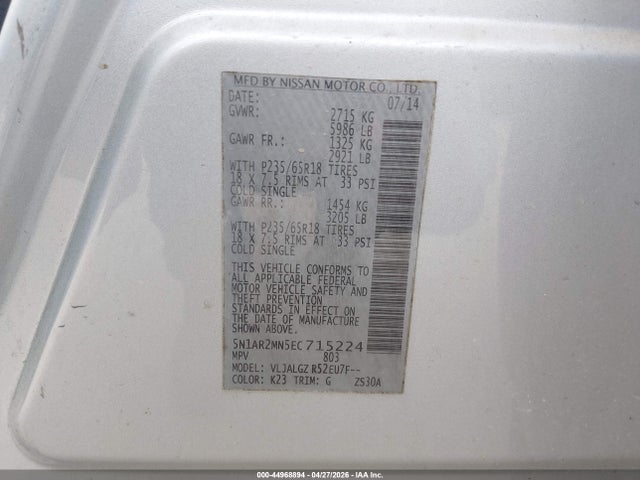 Nissan Pathfinder Sl 2014 5N1AR2MN5EC715224 Image 9